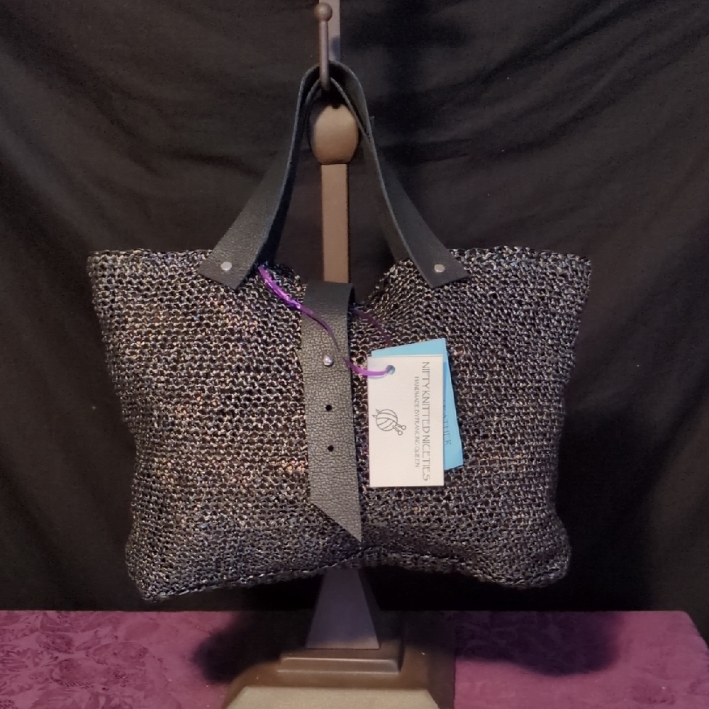 Handmade Pearlescent Black Crochet Curling Ribbon Tote Bag